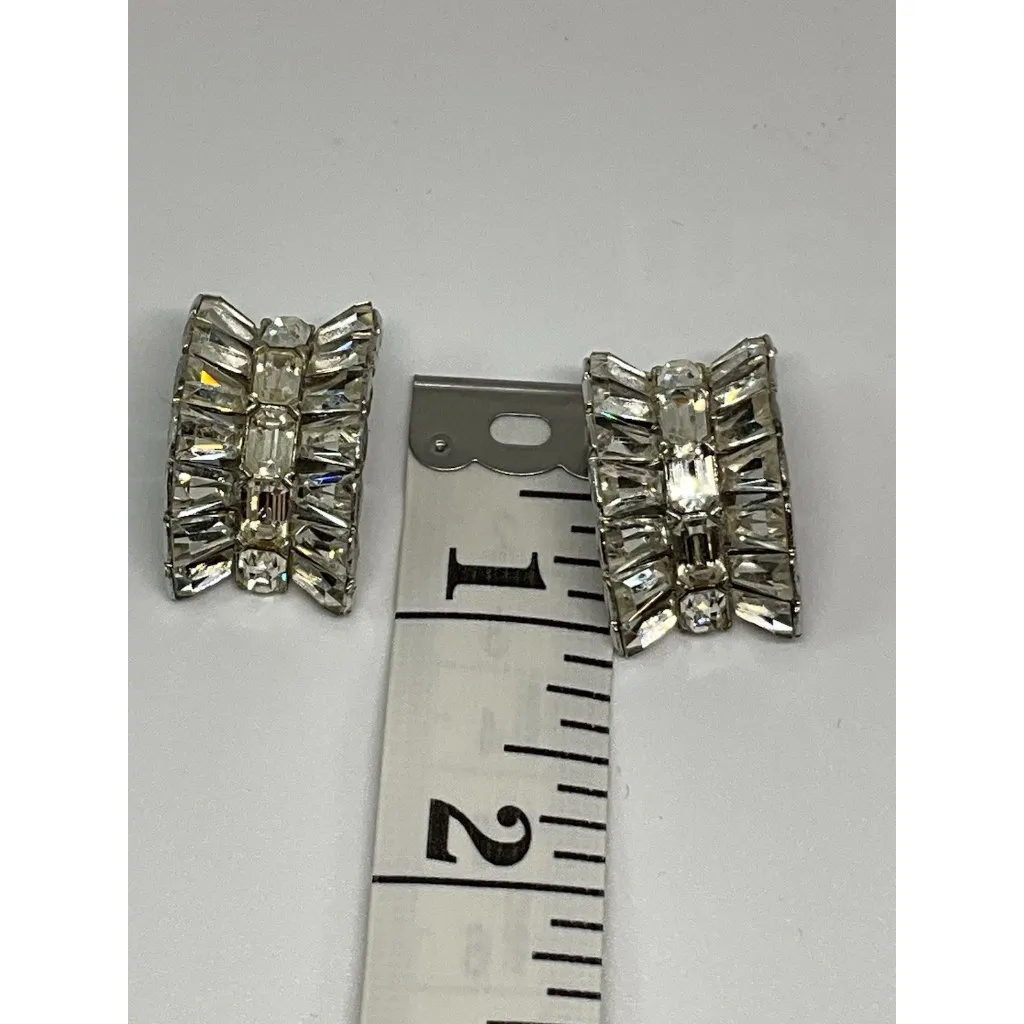 Vintage Clear Rhinestone Earrings Clip On Baguette‎ Valentines Wedding Bling 1" Silver - Image 7
