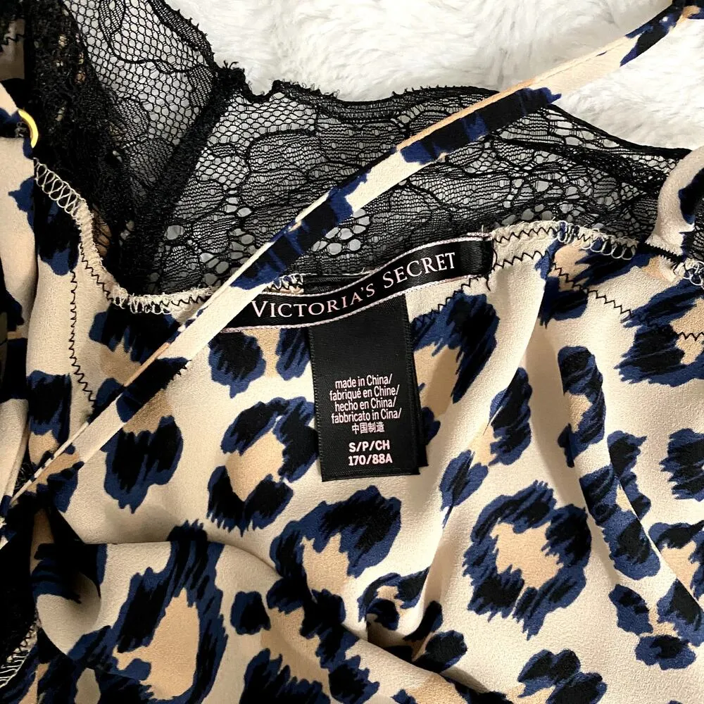 Victoria's Secret Tan Leopard Print Lace Trim Satin Side Slits Midi Slip Dress S - Image 6