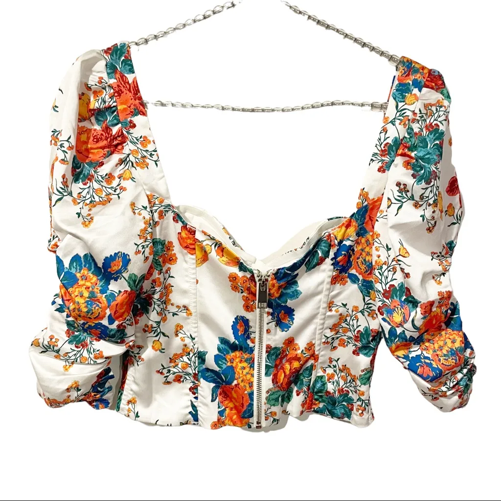 For Love and Lemons‎ XXS White Floral Puff Sleeves Smocked Brandy Zip Back Top - Image 6
