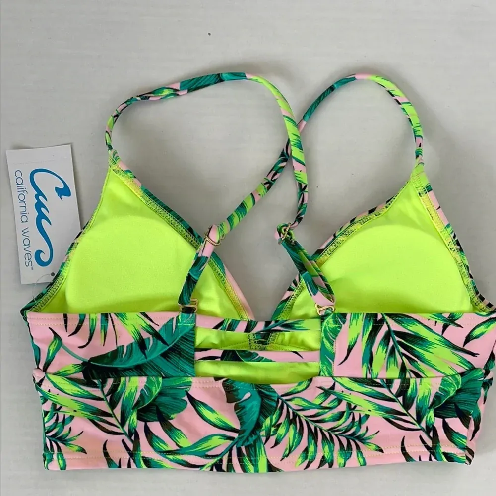 California Waves Pink and Green Palm Leaf Bikini Swimwear Top Medium - Image 4