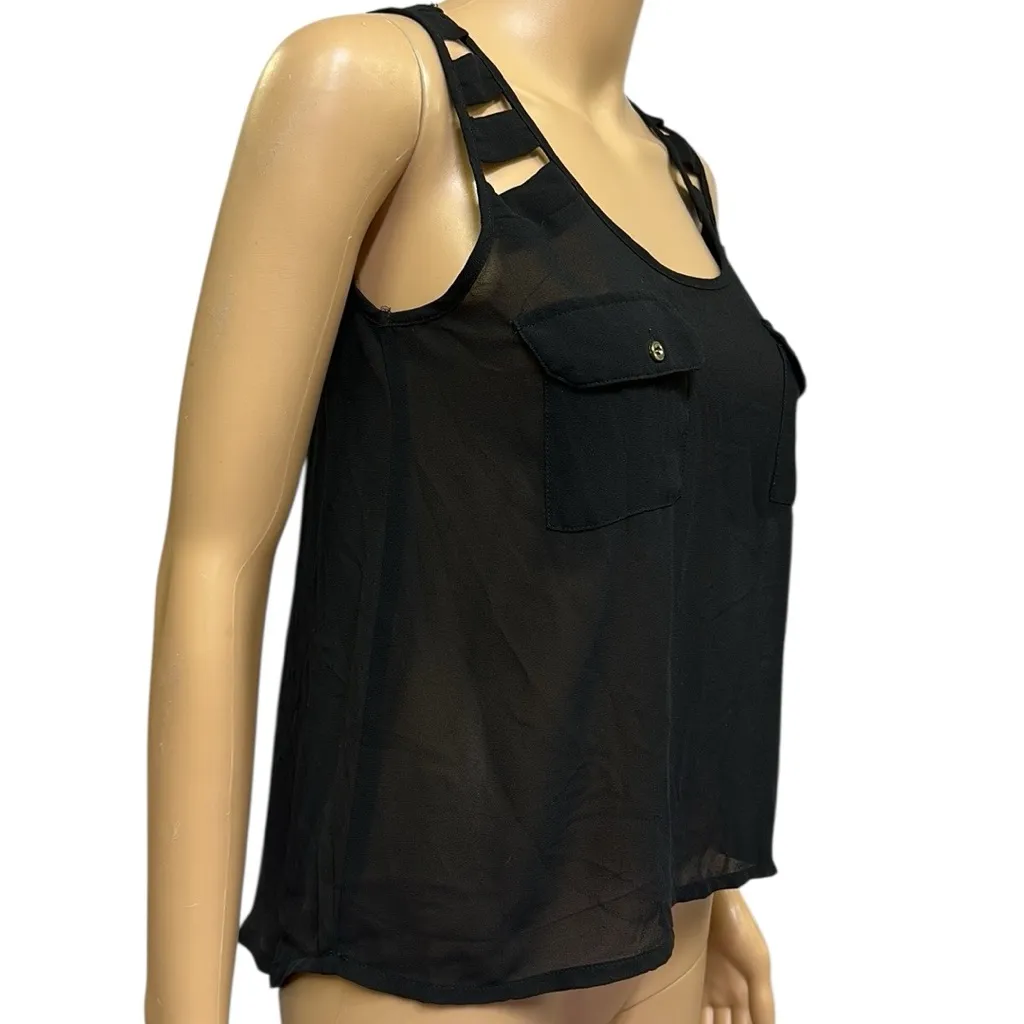 Black 2 Pocket Lightweight Semi Sheer Cut Out Sleeveless Tank Blouse Womens S - Image 5