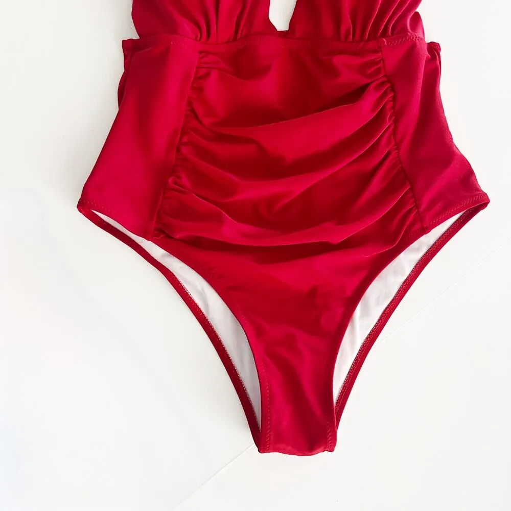 [Yolipuli] Red One Piece Convertible Swimsuit Bow Straps V - Image 9