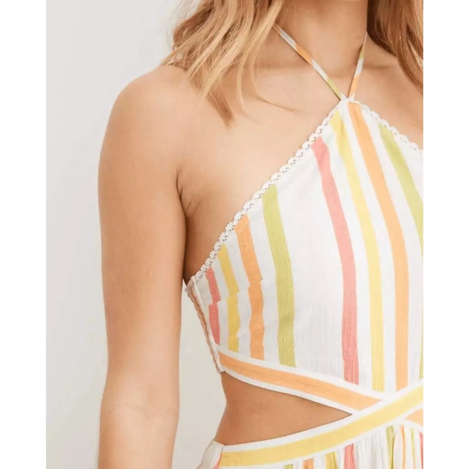 Aerie Striped Halter Maxi Dress Cutout Sides Smocked Back Tiered Summer Boho M - Image 6