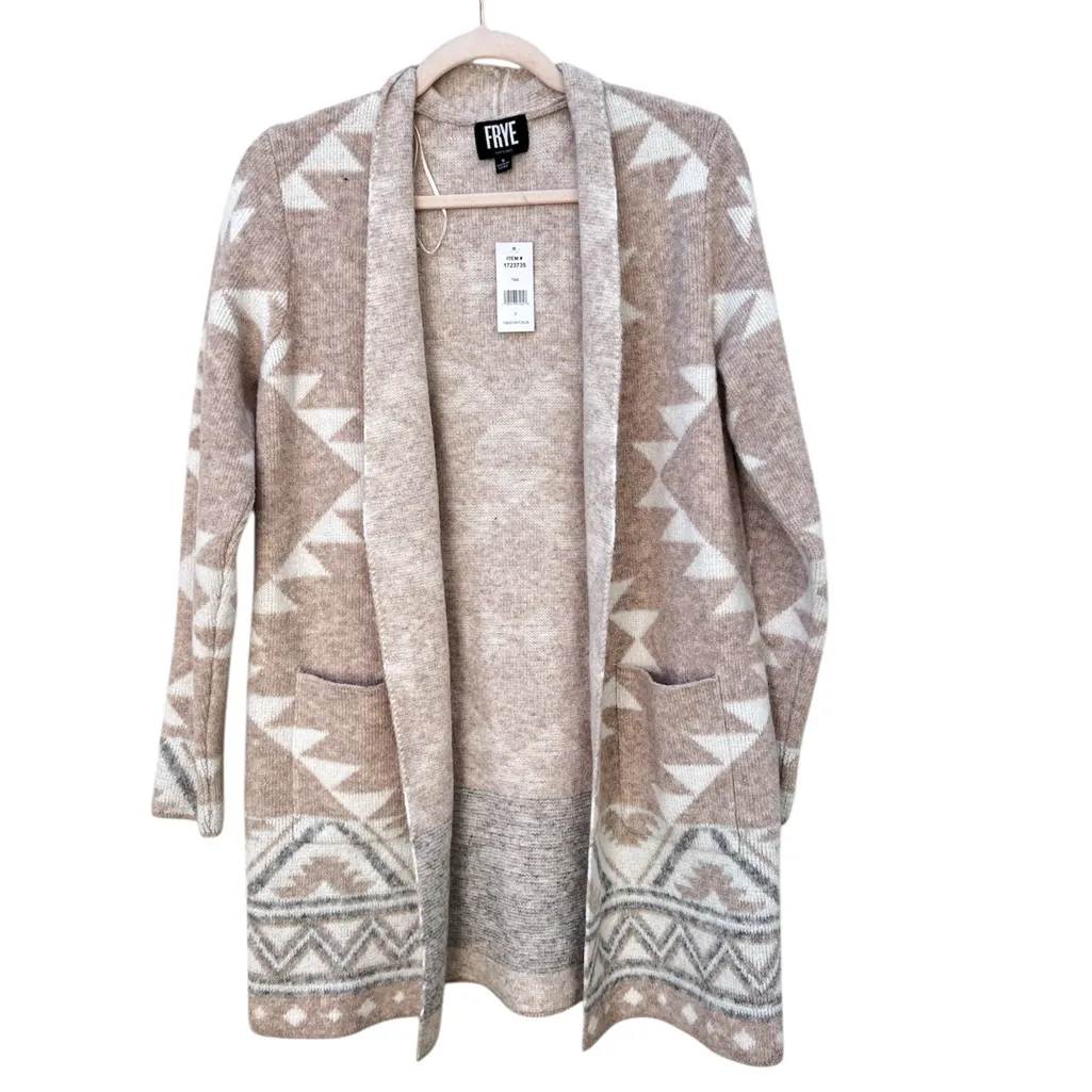 Frye Oatmeal Combo Cozy Comfy Soft Knit Geometric Print Cardigan Small New NEW‎ - Image 4