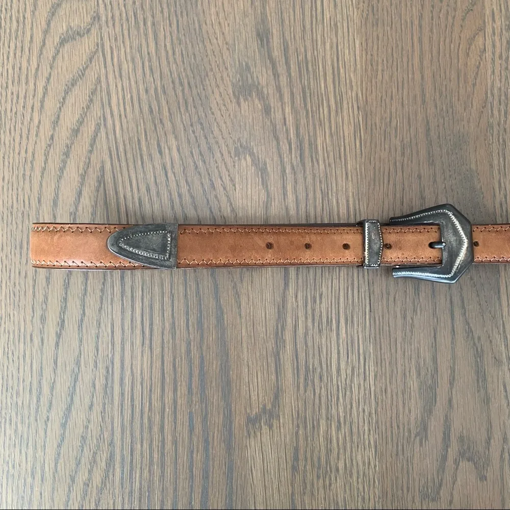 Anthropologie Vintage Tan Leather Belt Western Silver Buckle Size Large - Image 5