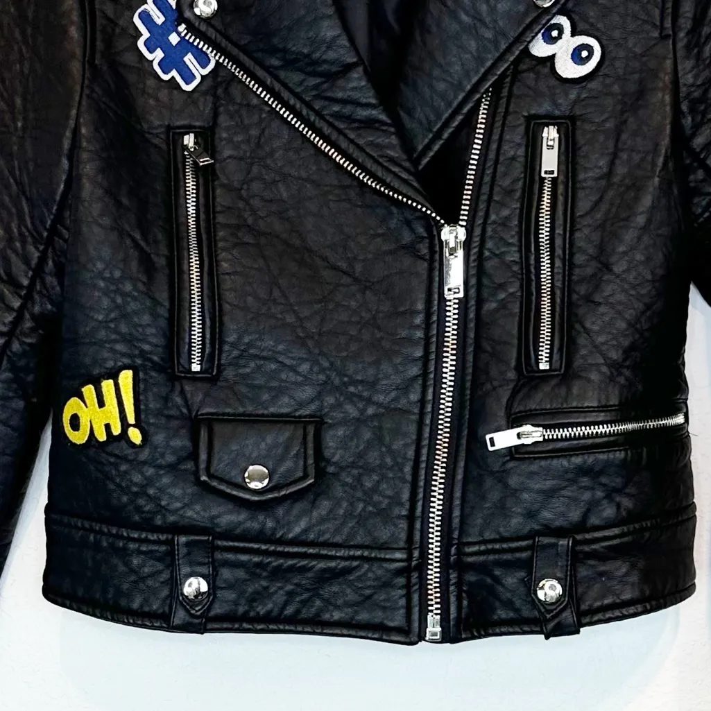 Veronica Beard Faux Black Leather Moto Jacket Patches Size 0/XS - Image 3