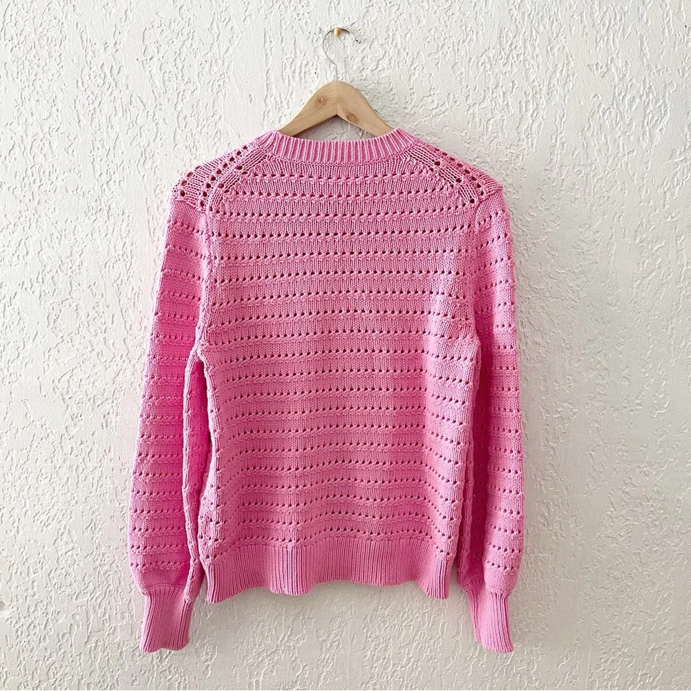 J Crew Pink Pointelle Pullover Sweater Top Balloon Crew Crochet Cotton Knit M - Image 5