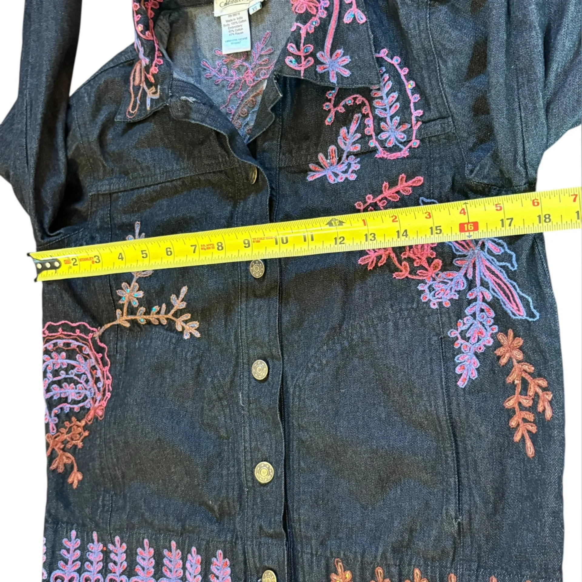 Coldwater Creek Black Jean Jacket Pink Blue Embroidery Cotton Womens XS - Image 10