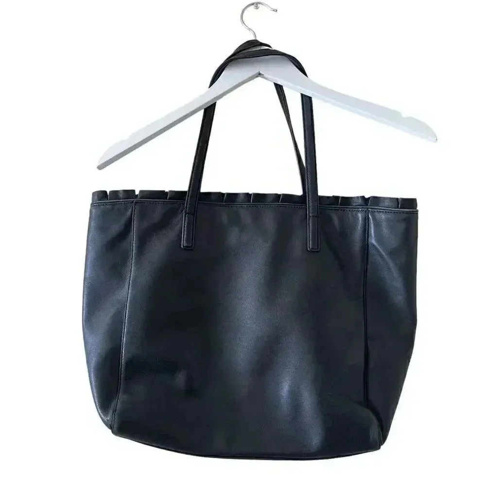 Kate Spade New York Logo Black Leather Tote Double Handles Shoulder Bag Ruffle - Image 6