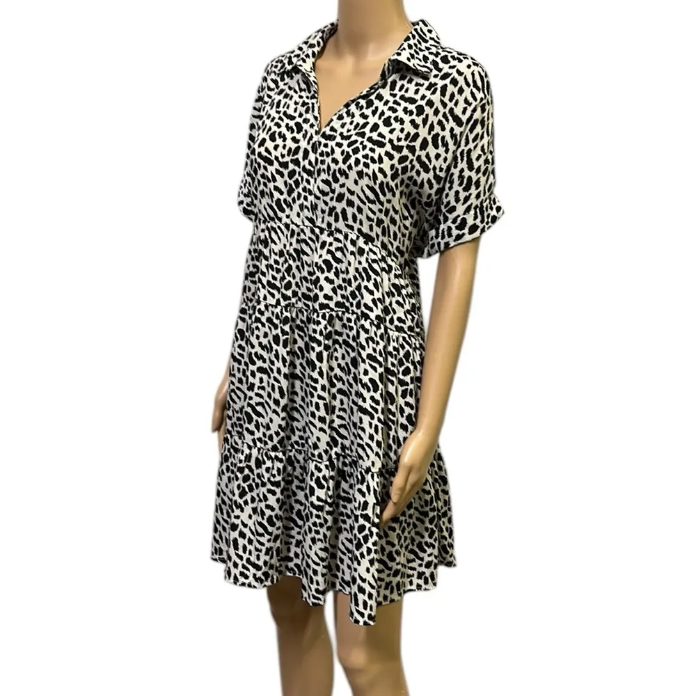 Umgee Animal Print Tiered Black Cream Short Sleeve Collared Babydoll Dress Large - Image 3