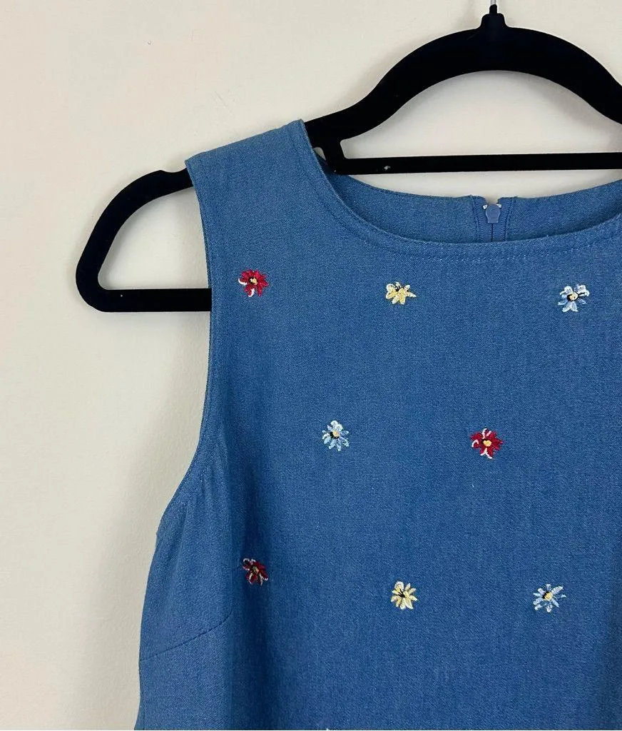 Vintage CLC | Blue Denim Sleeveless Dress with Floral Embroidery Size Small - Image 2