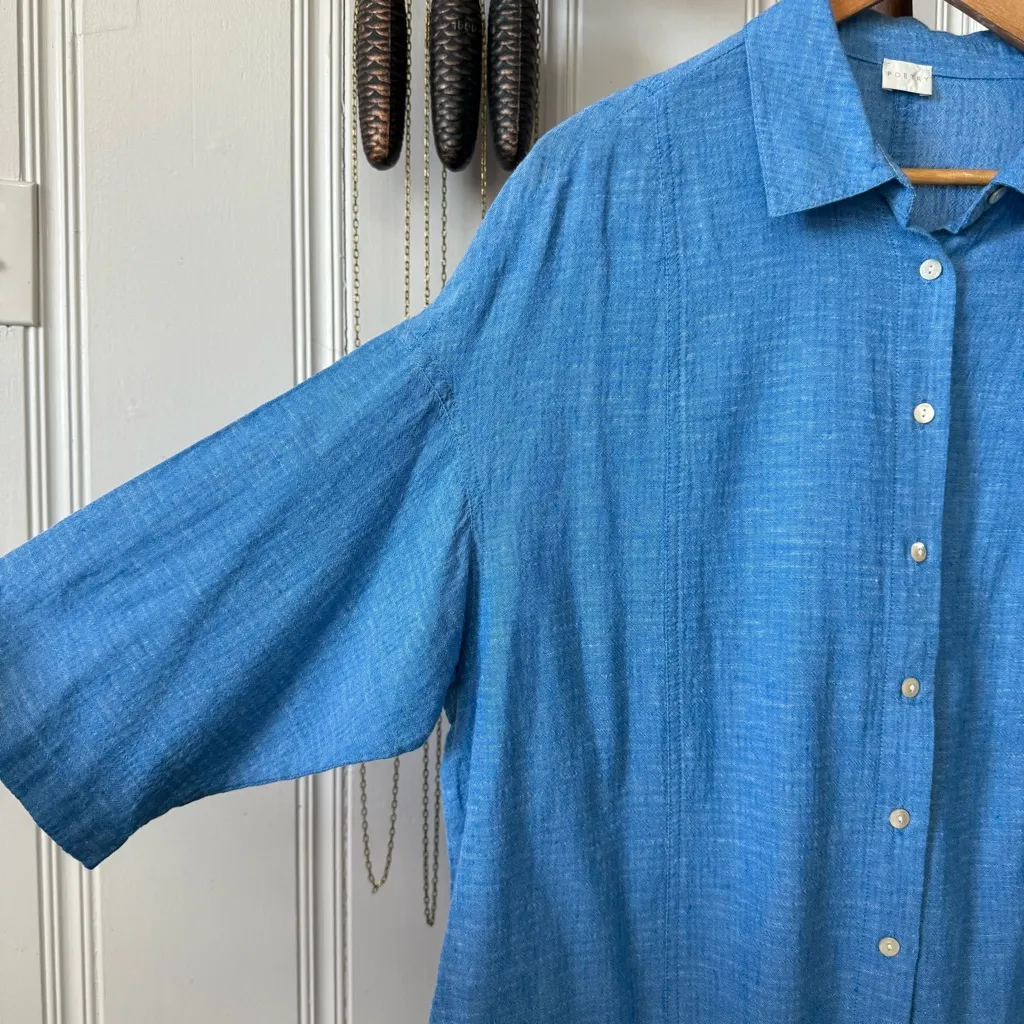 Poetry Linen & Cotton Blue Half Sleeve Relaxed Fit Lagenlook Button Down Shirt - Image 3