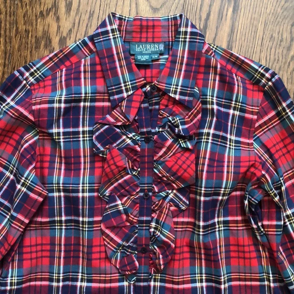 RALPH LAUREN Women’s Red Plaid Frill Button Down Blouse With Button Cuffs SZ P/M - Image 2