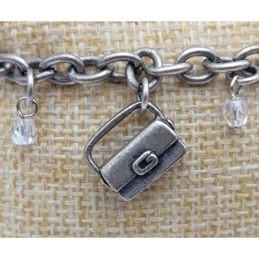 CUTE GUESS Antique Silver Tone Chain Dangle Charm Bracelet Shoe Purse Sunglasses - Image 4