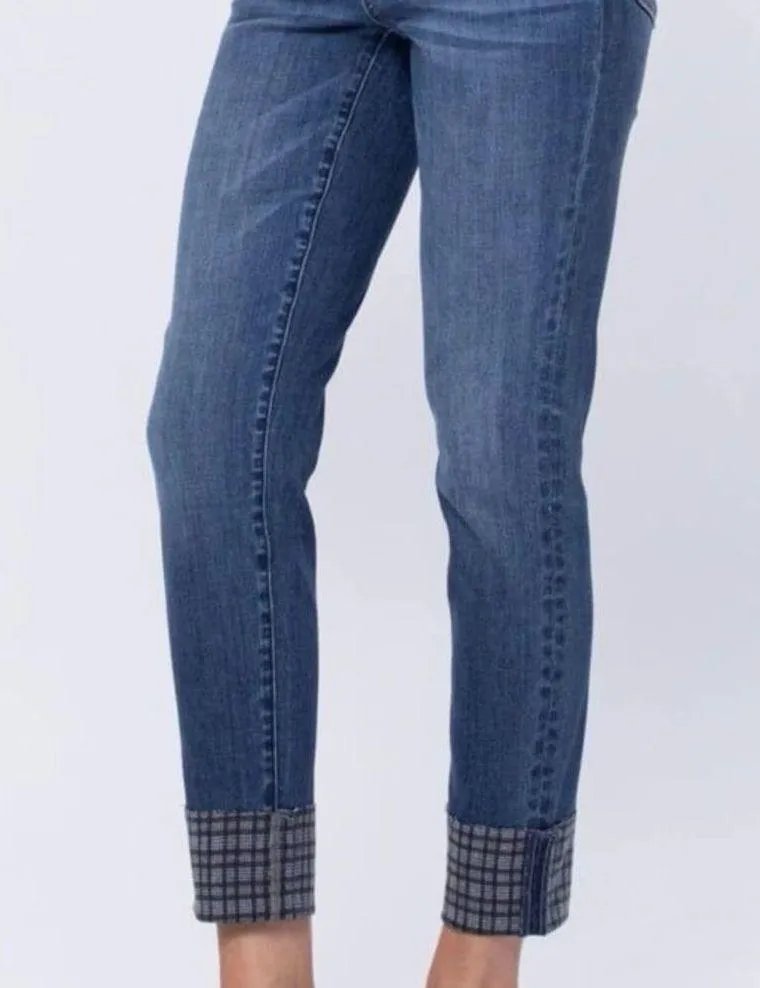 NEW Judy Blue Plaid Print Cuff Slim Fit Jeans - Image 3
