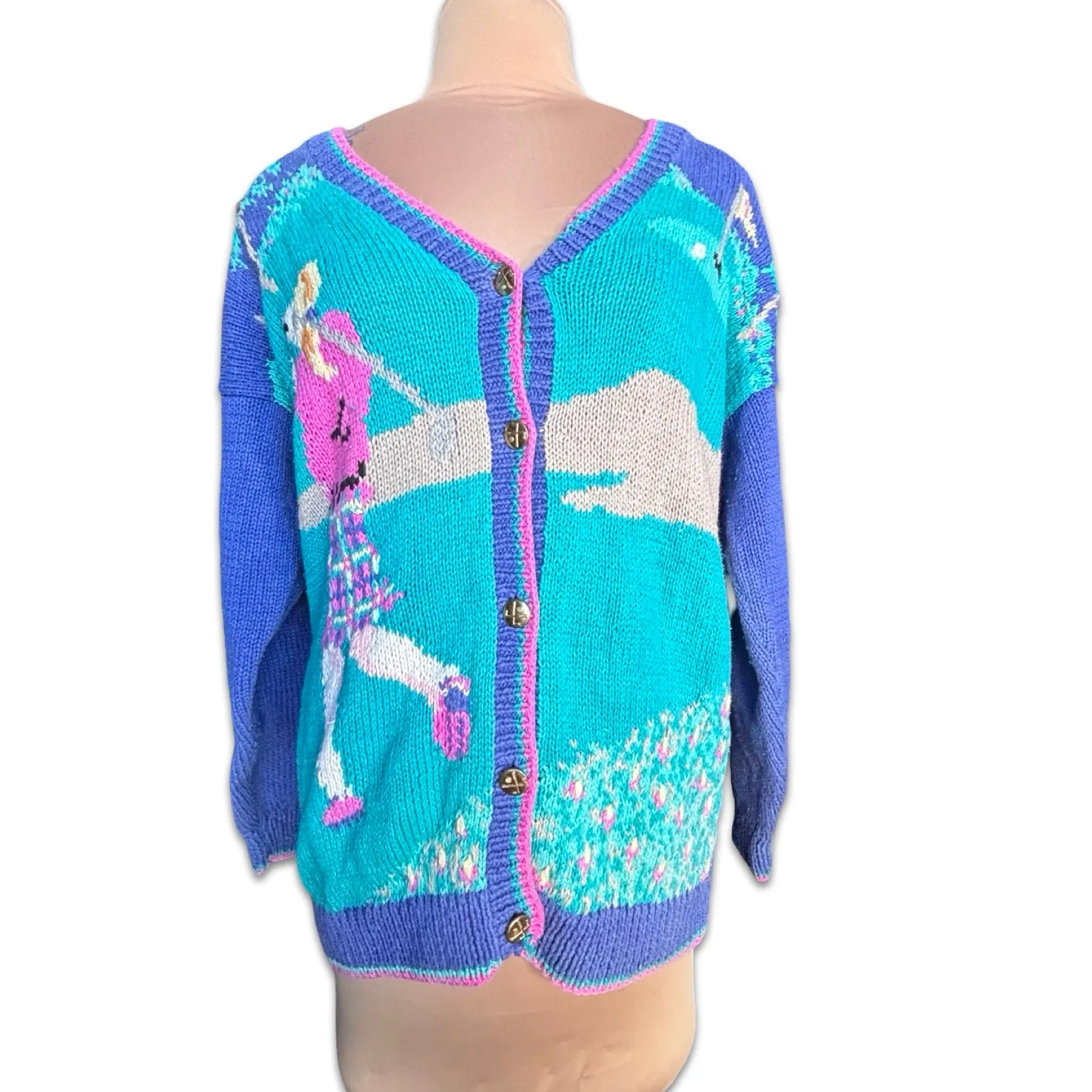 Vintage Portraits By Northern Isles Golf Cardigan Hand Knit Novelty Sweater 3X Blue - Image 12