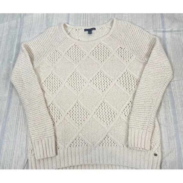 AMERICAN EAGLE Women's Sweater Crewneck Pullover Cream Cable Knit Size M - Image 13