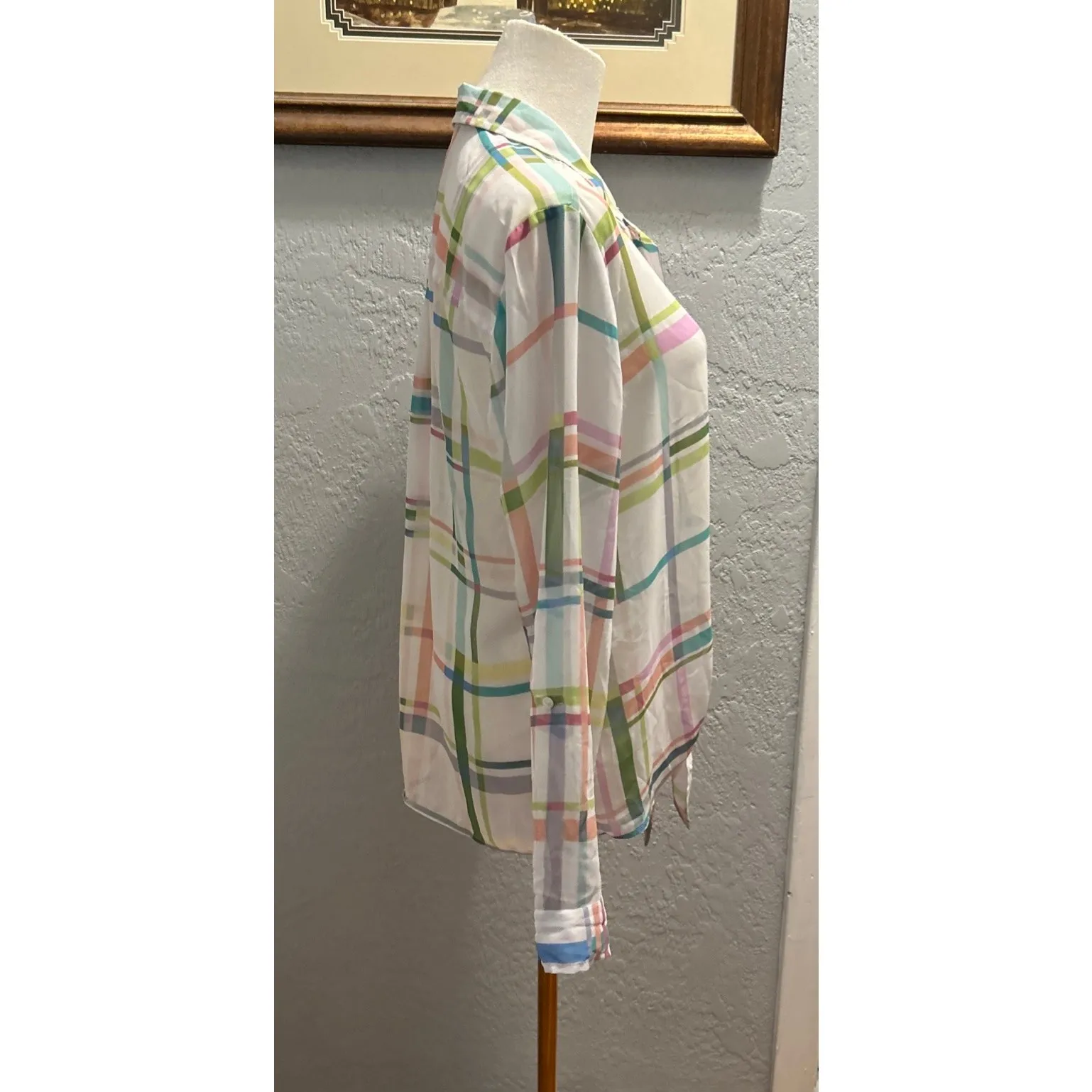 Liz Claiborne Women's M Blouse Sheer Plaid Pastel Tie Waist Beach Resort spring - Image 4