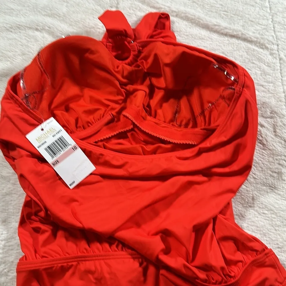Michael Kors  Red Orange Blouson Full Coverage Tie Halter One Piece Swimsuit 10 - Image 12