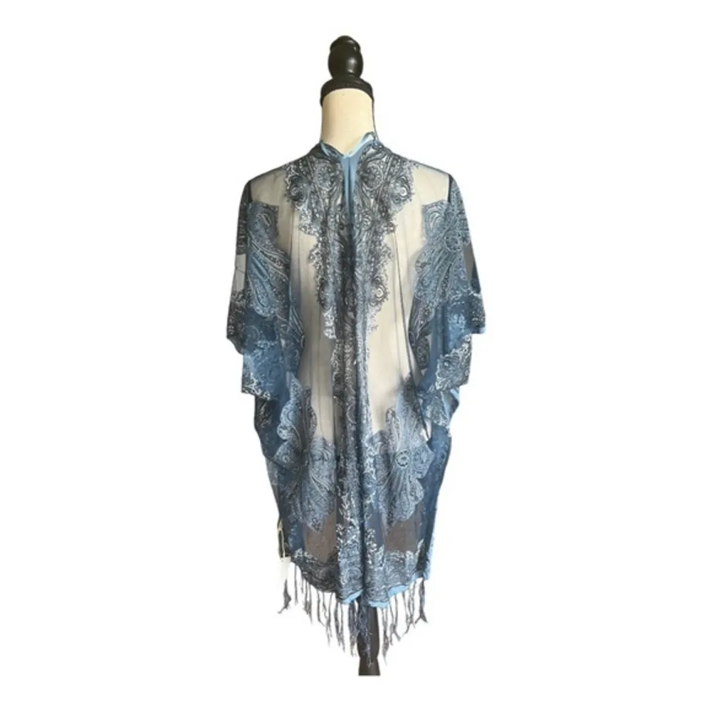 Pretty Persuasion Paisley Floral Print Blue Fringed Cover ups One Size Size undefined - Image 3