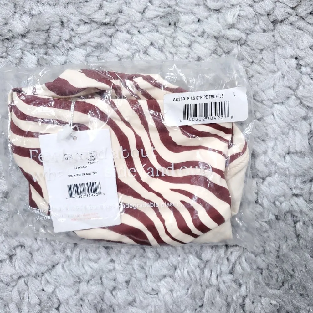 Andie Swim Hipster Bikini Bottom Bias Stripe Truffle Brown Red Cream Size Large - Image 7