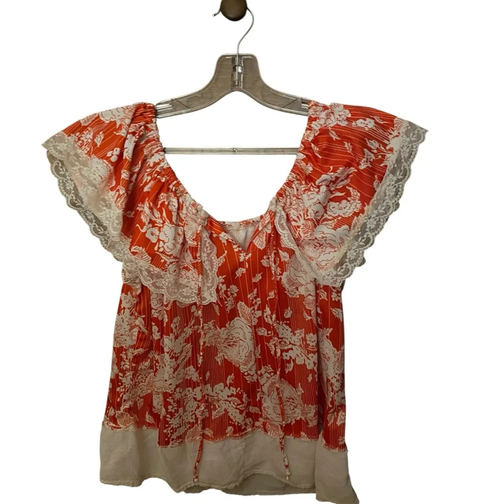 Vintage Handmade 70s Floral Red White Ruffle Lace neck  cottagecore boho western - Image 4