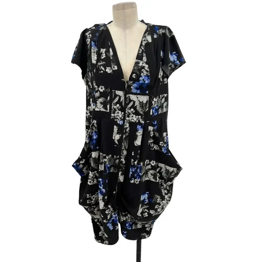 City Chic Geometric Floral Print Ultra Blue Zip Front Dress Black Plus‎ Size 16 - Image 3