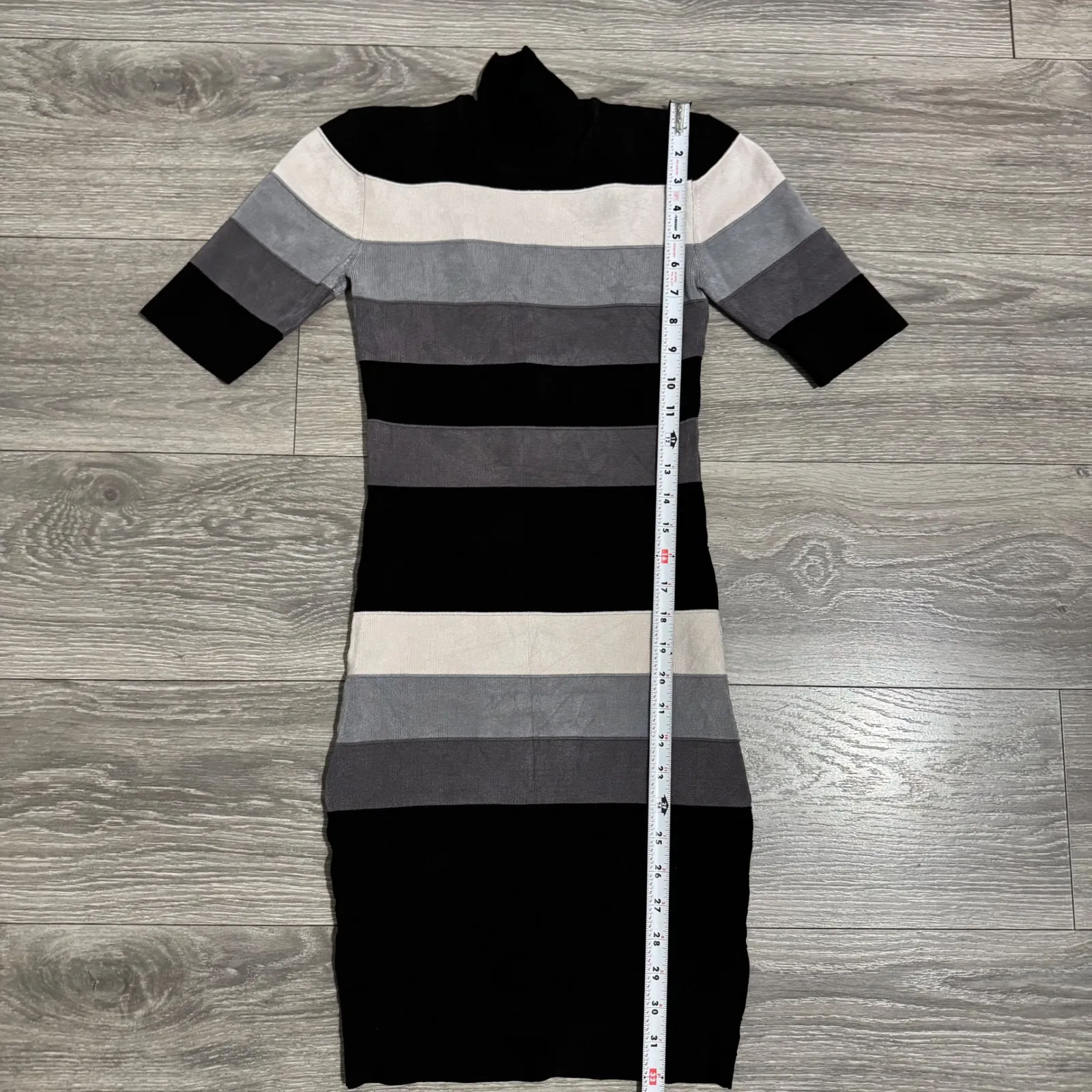 Y2K Bebe Striped Turtleneck Mini Bodycon Dress Crisscross Back Short Sleeve XS - Image 9