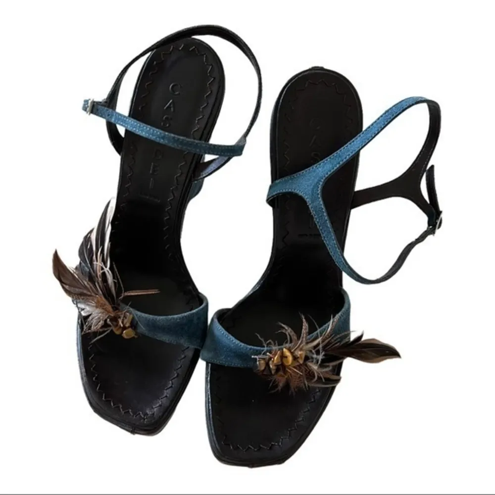 Casadei Vintage Blue Brown Wedge Platform Sandals With feather Details Size 7.5B - Image 2