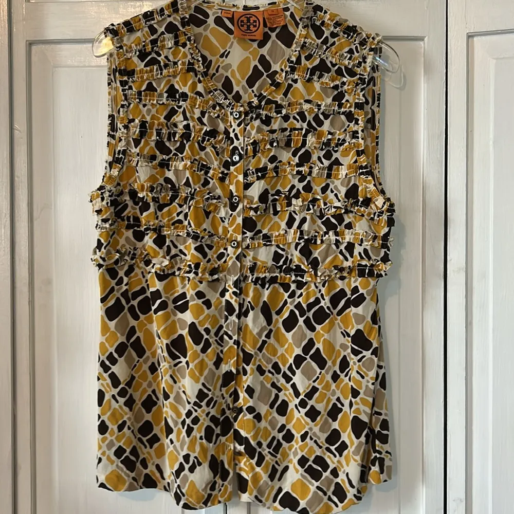 Tory Burch 100% Silk Yellow and Black Ruffled Sleeveless Blouse - Size 10 - Image 8