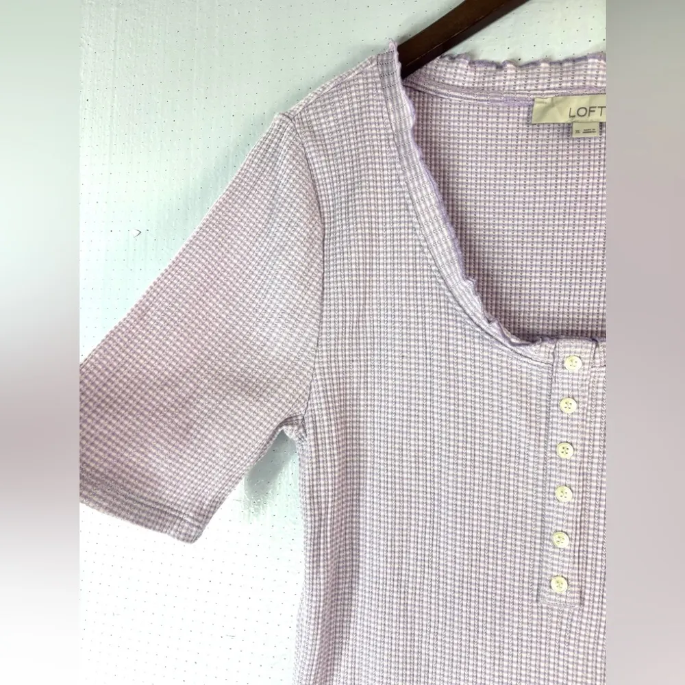 LOFT XL Gingham Check Waffle Short Sleeved Lilac Purple Checkered Top - Image 5