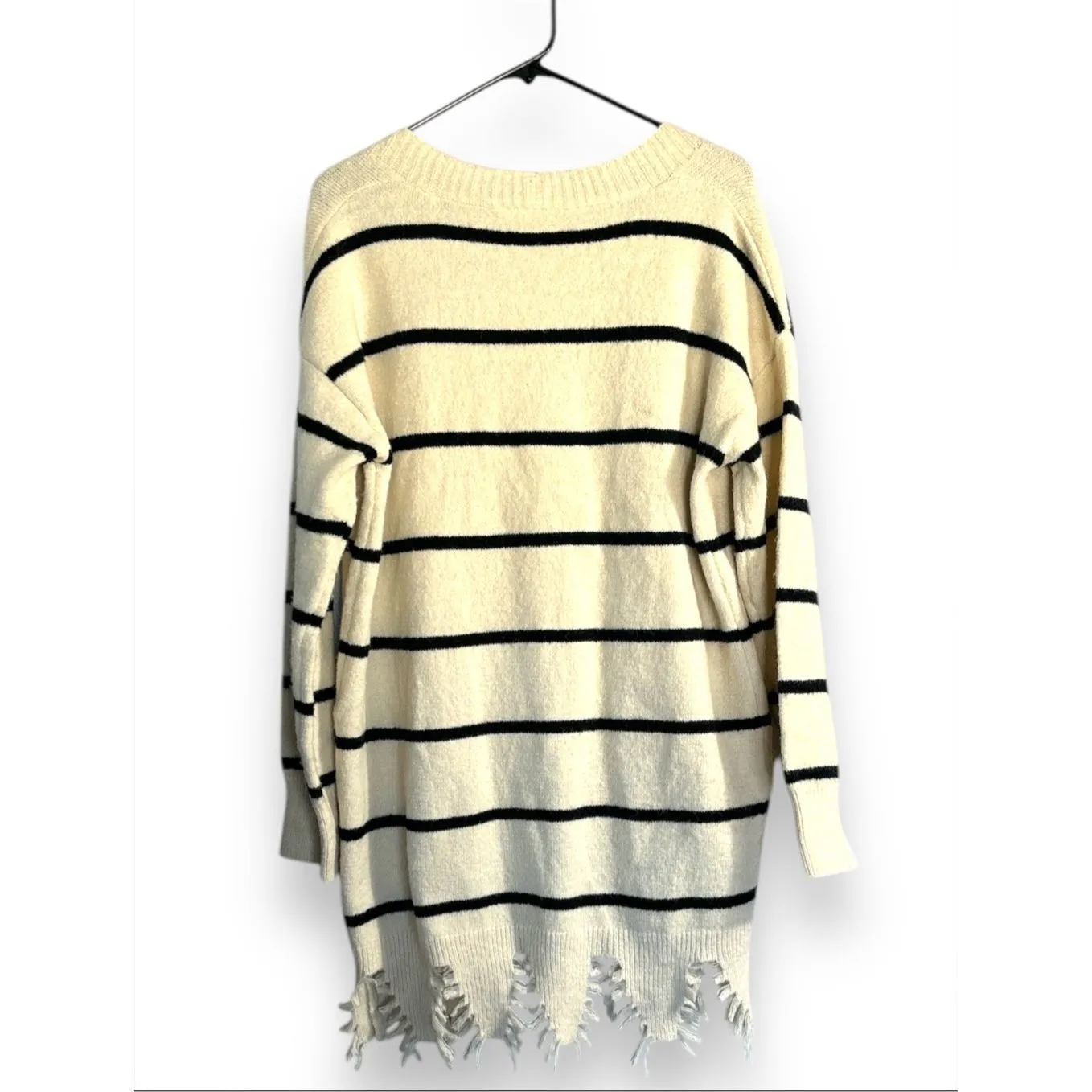 Jodifl Women's White Striped Fringed Bottom Open Front Cardigan Sweater sz S Coz - Image 4