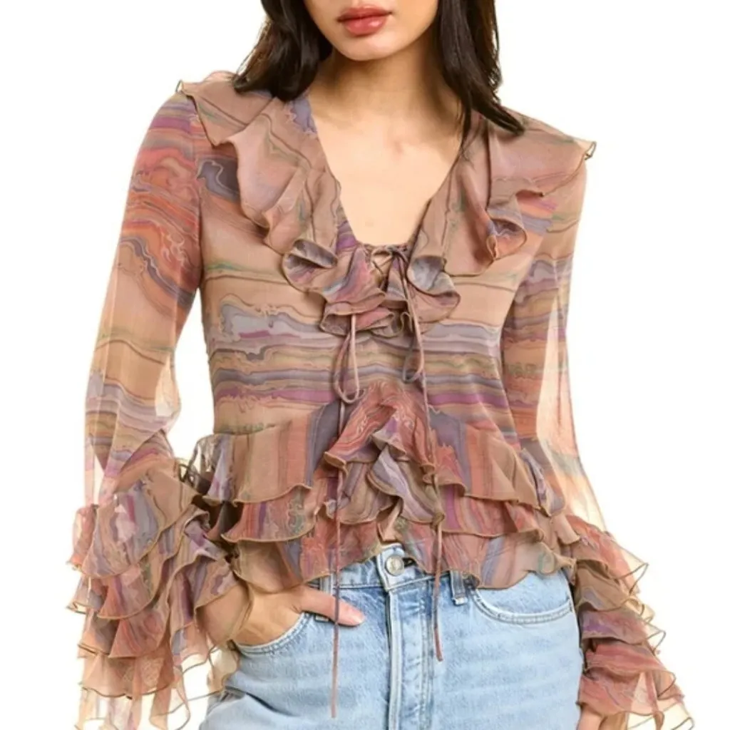 NWT Ronny Kobo Nova Marble Desert Ruffle Blouse Sz S Beige/Purple Multi Tan - Image 3