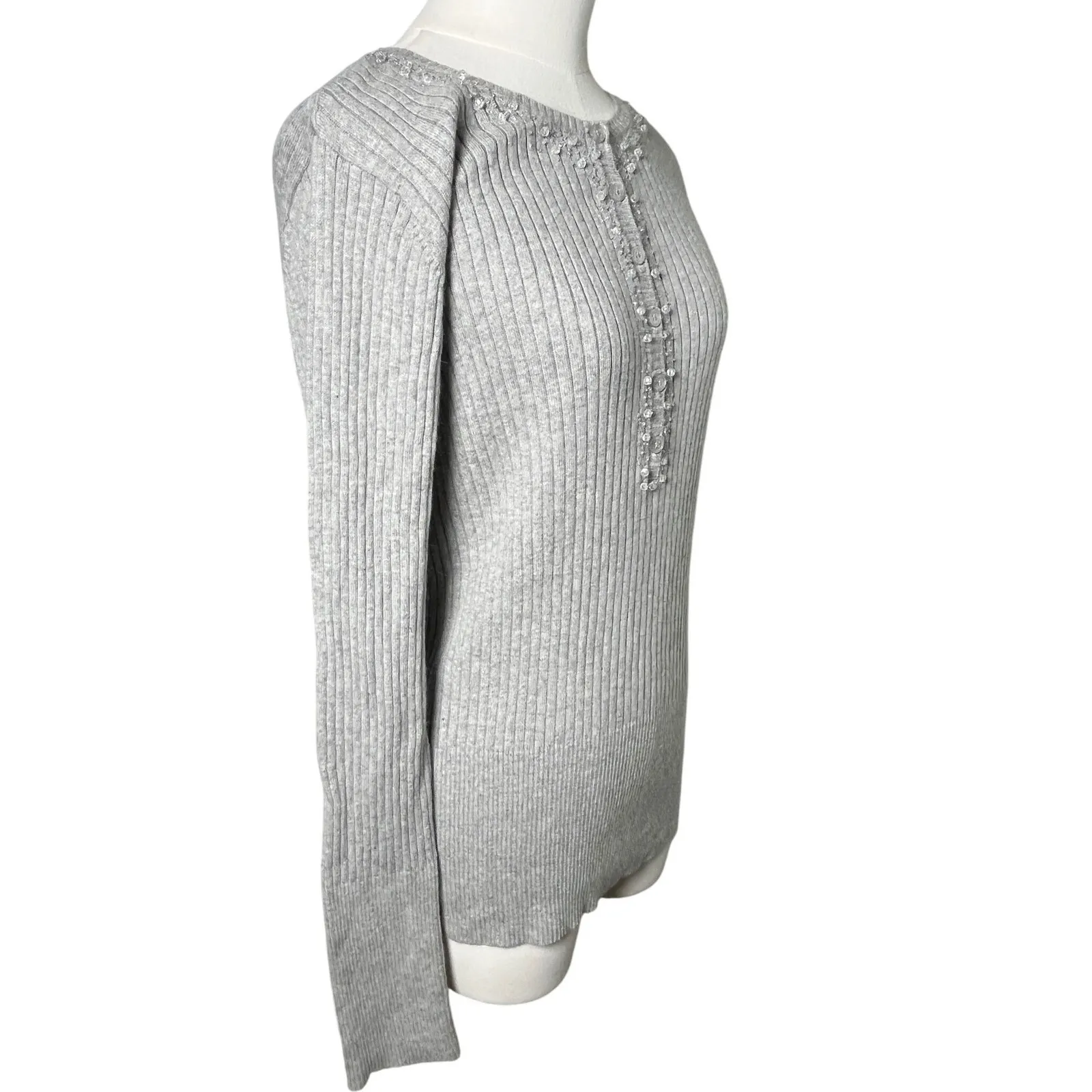Y2K Ribbed Button Front Knit Cardigan‎ Heather Gray GAP Women S 2006 - Image 3