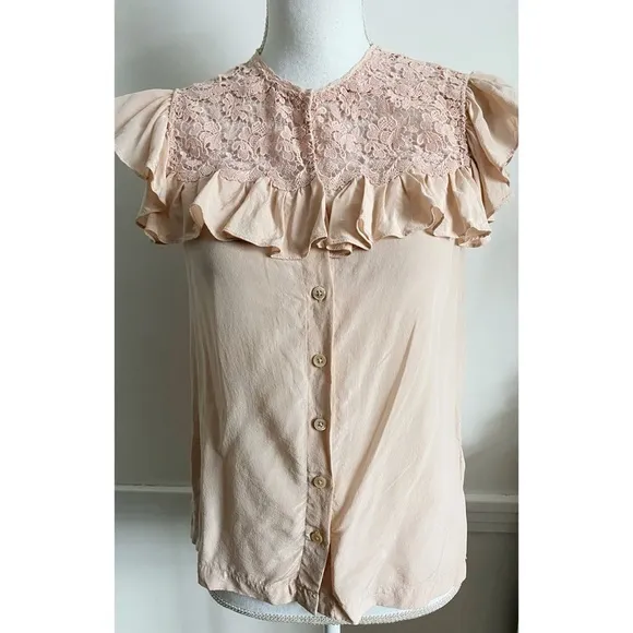 Rebecca Taylor • Light Pink Lace Ruffle Silk Top - Image 4