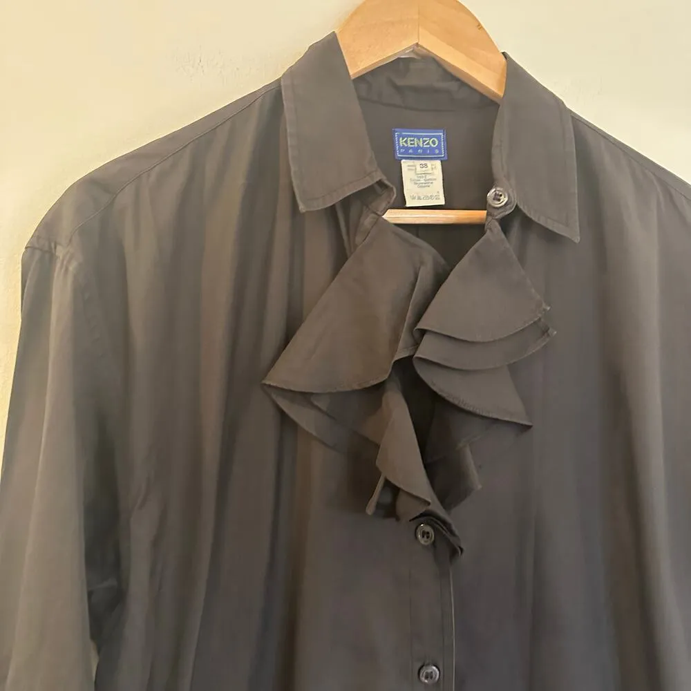 Kenzo Black Ruffle Front Button Up Shirt sz 38 - Image 5
