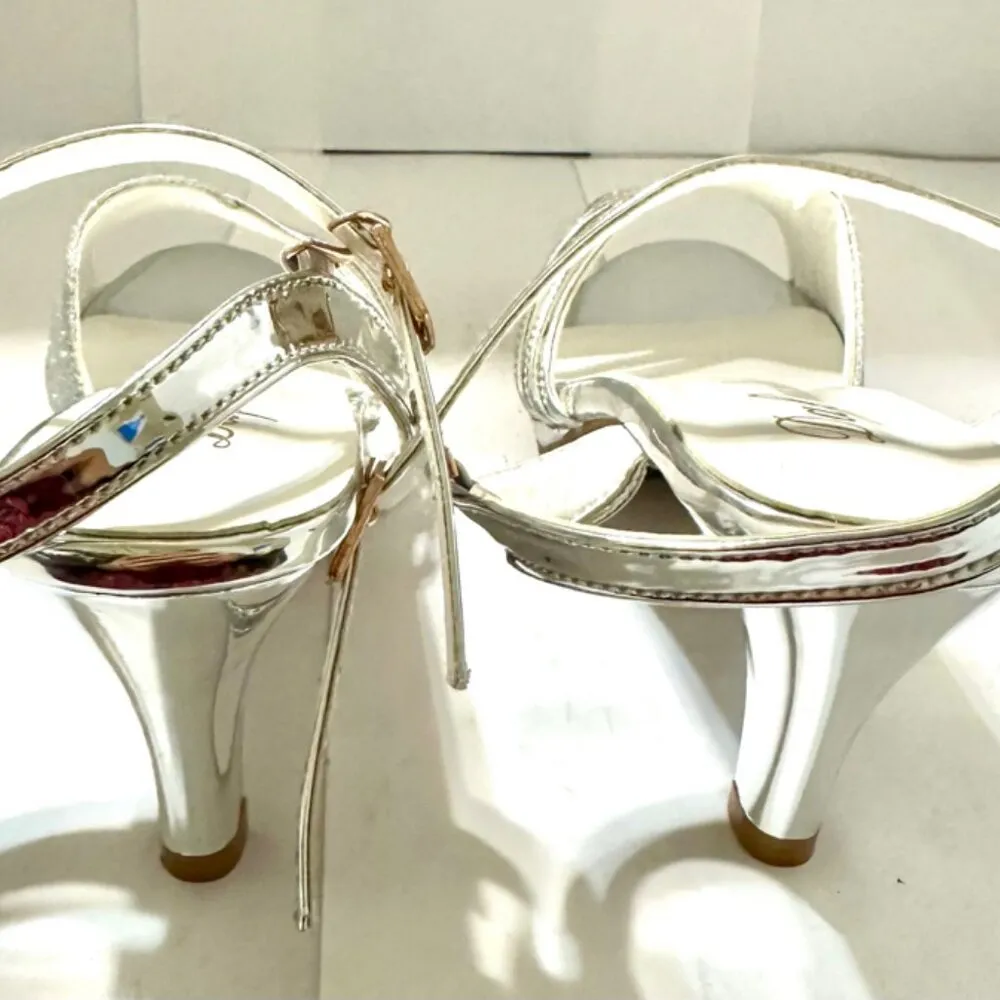 Fashion Glitter Sparkle Heel Ankle Open Toe Shoes Adult Women's Size 7.5 Silver - Image 4