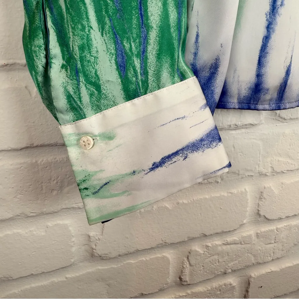 Zara Blue Green Watercolor Tie Dye Satin Long Sleeve Button Down cropped XL - Image 4