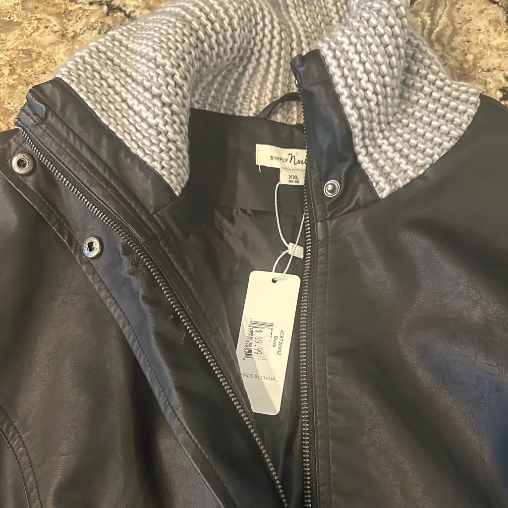 Simply Noelle Faux Leather Jacket Black Moto Sz XXL Sz XL Ribbed Sweater Collar - Image 6