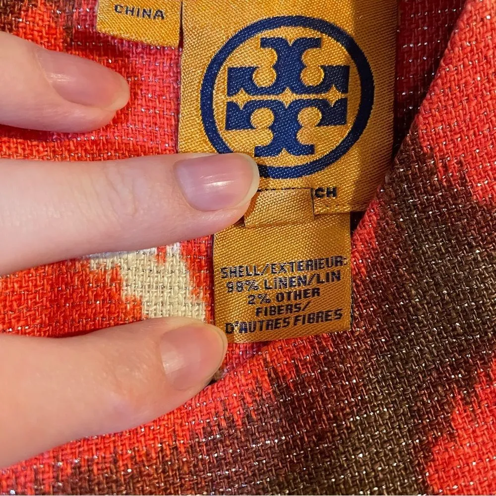 Tory Burch Linen Metallic Shimmer Shift Sheath Dress Ikat Pattern Size 6 - Image 4