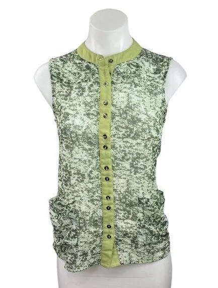 Vero Moda Green Mock Neck Printed Pocket Sleeveless Button Down Shirt Size S - Image 1