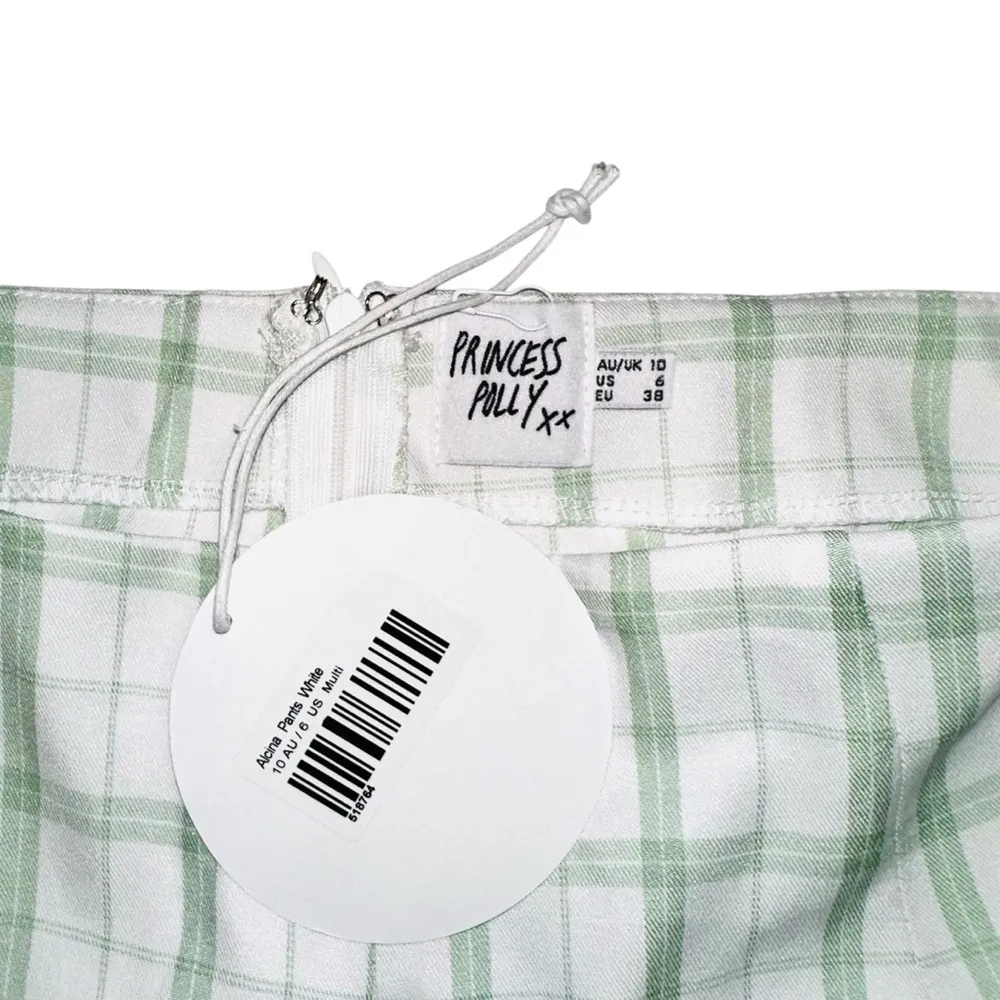 NWT Princess Polly Alcina Plaid Green and White Cropped High Rise Pants US 6 - Image 3
