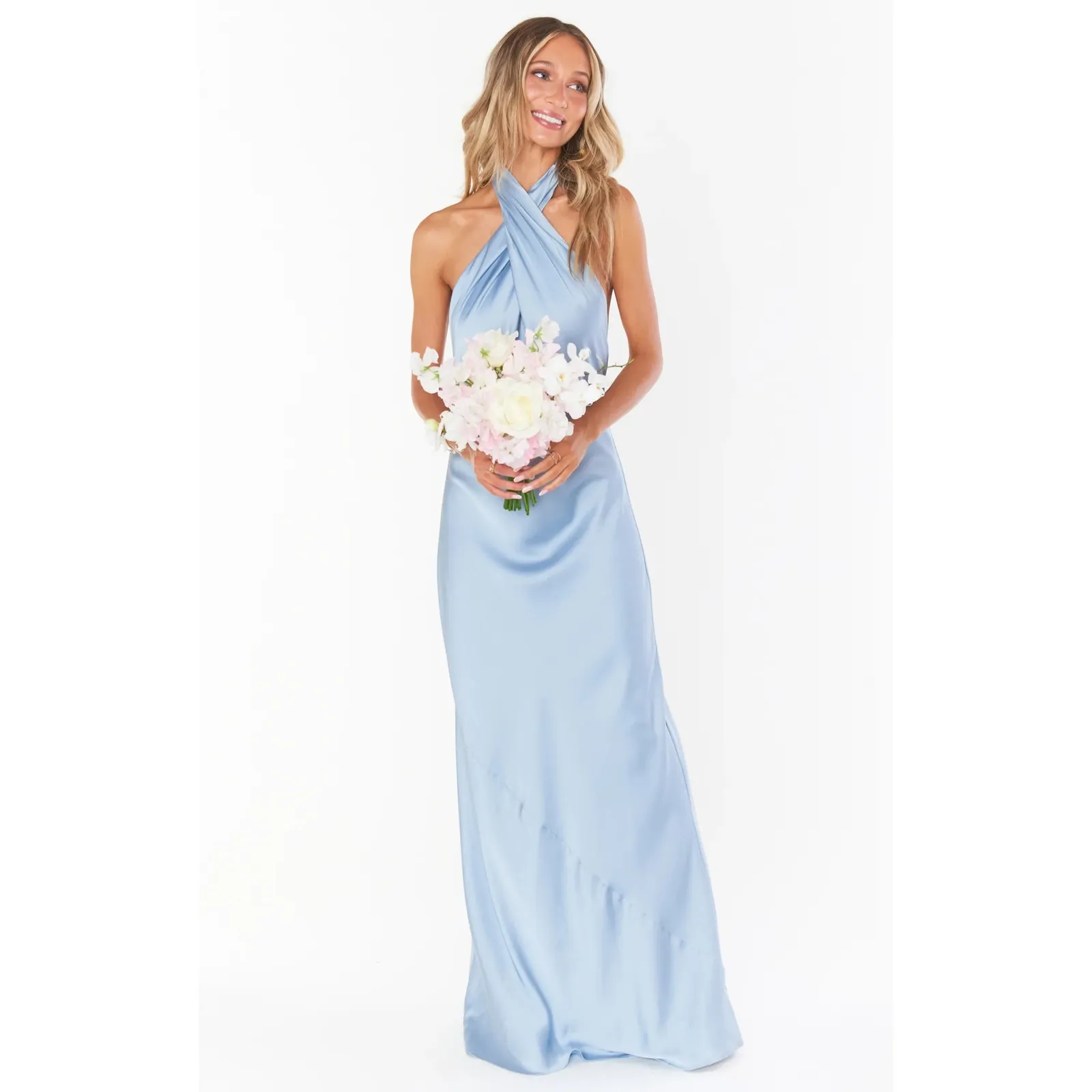 Show Me Your Mumu Jasmine Halter Maxi Dress Steel Blue Luxe Satin XL - Image 3