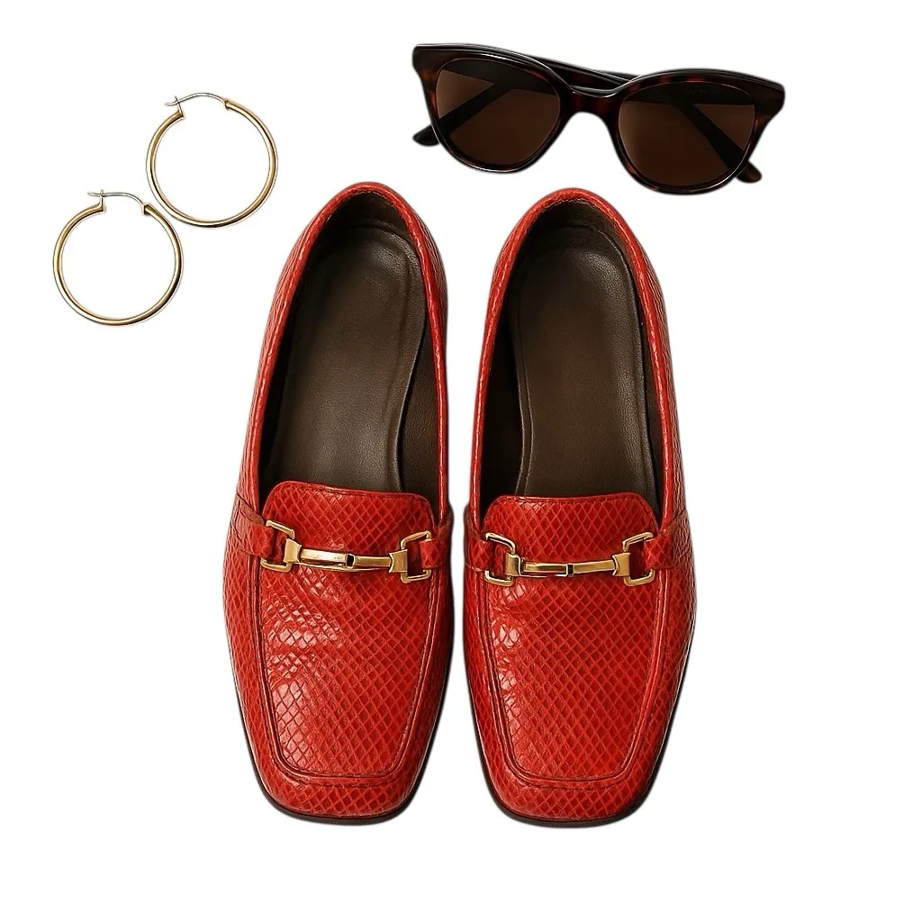 Stuart Weitzman Red Snake Print Bit Loafers Square Toe Made Spain Women 7M Luxe - Image 2