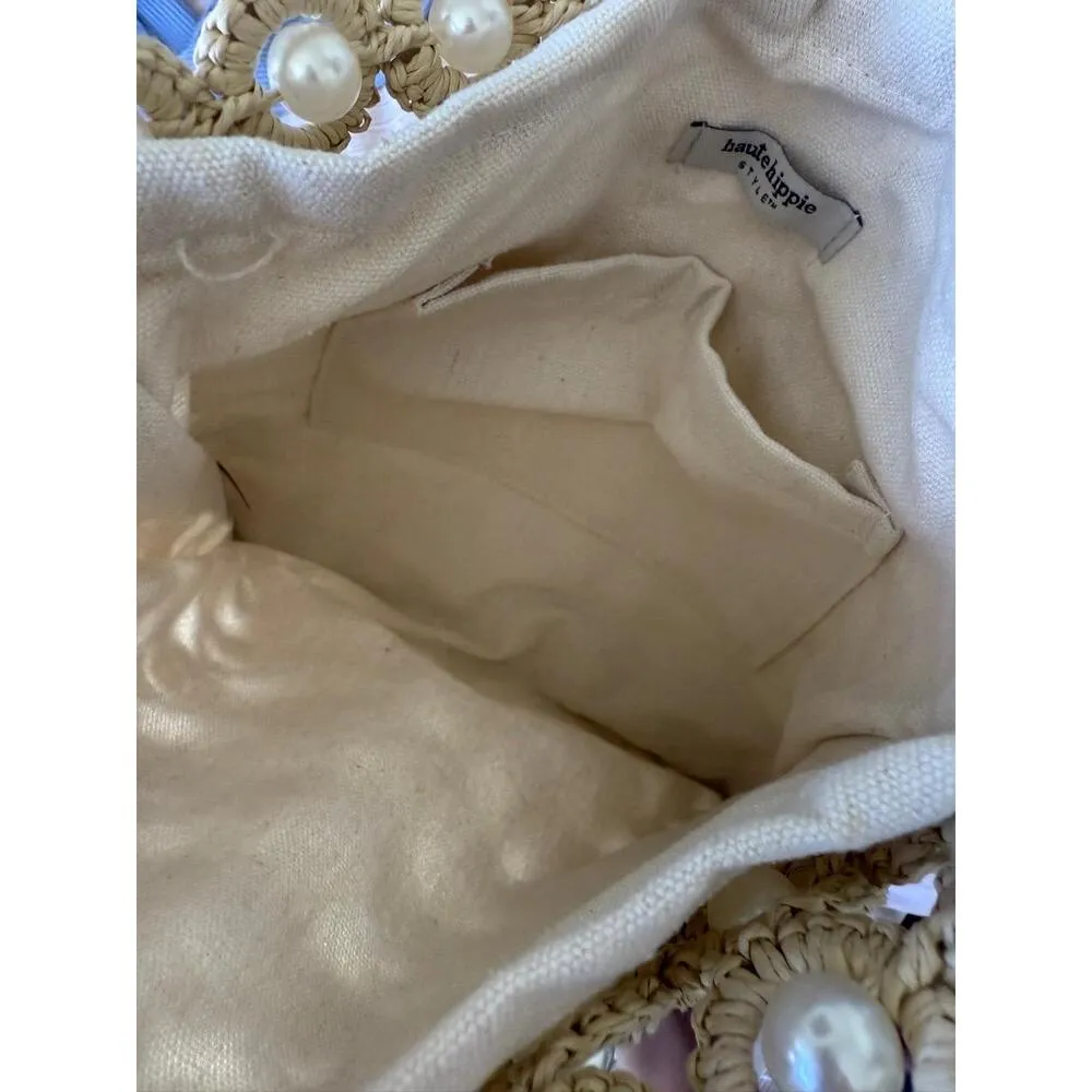 NWT Viral Haute Hippie Handwoven Raffia Crochet Pearl Bag - Image 4