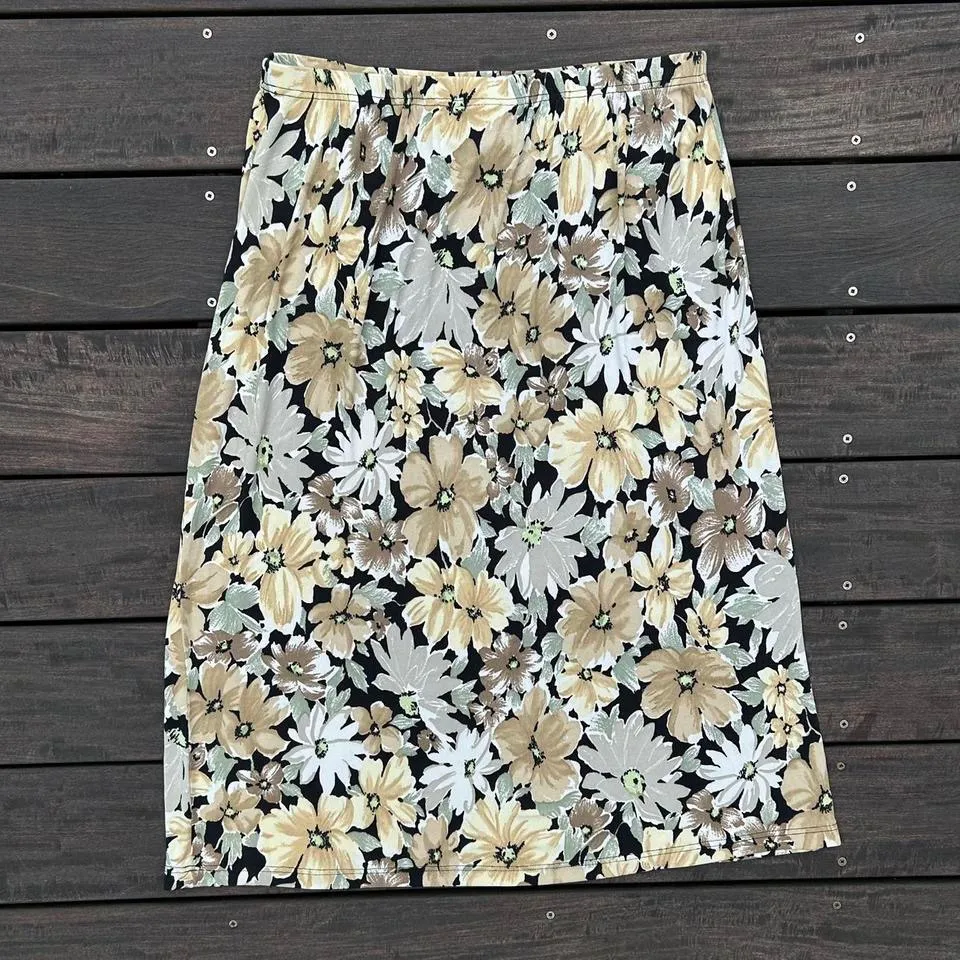 Vintage Black/Yellow N Touch Floral Midi Skirt Daisies w/ Elastic Waist Black Size XL - Image 5