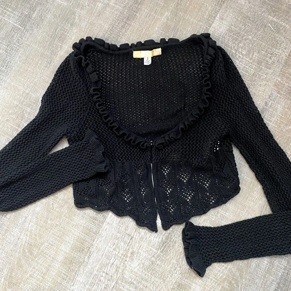 URBAN OUTFITTERS Lily Open-Knit Flyaway Cardigan Black Crochet Knit Sweater Goth - Image 2