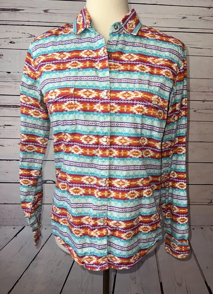 Panhandle Western Top Womens Medium Aztec Southwest Pearl Snap Cowgirl Rodeo Orange - Image 1