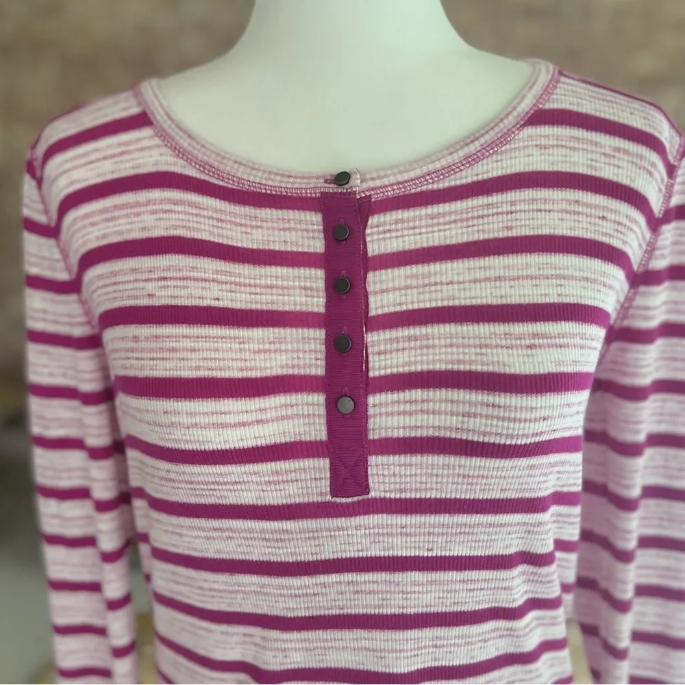 T by Talbots Henley Striped Purple Magenta Long Sleeve T - Image 2