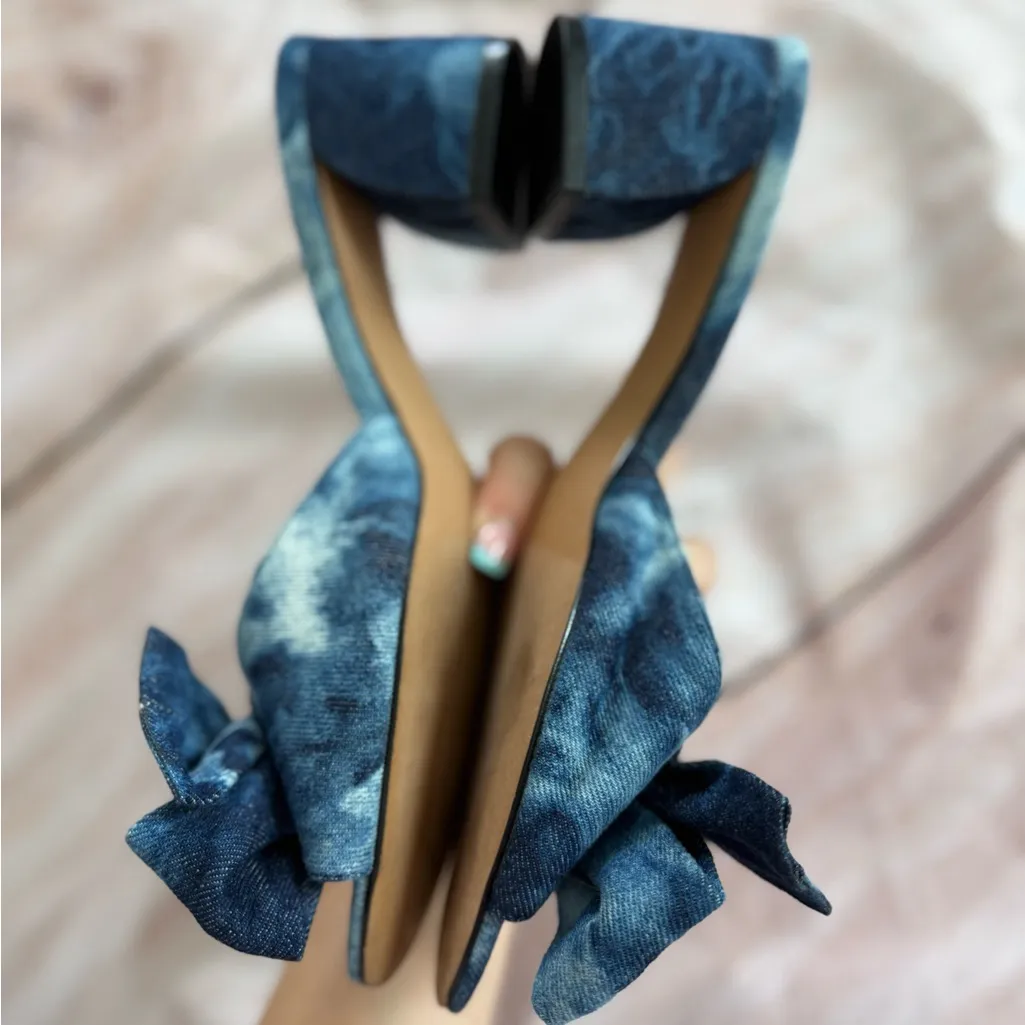 Rebecca Minkoff Rheta Tie Dye Denim Block Heel Bow Sandal Women Sz 7.5 Slide - Image 3